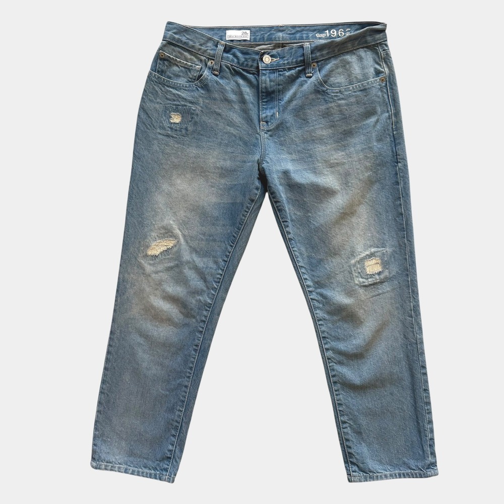 Gap 1969 Sexy Boyfriend Distressed Patched Jeans Medium Wash 28 30P Grunge indie